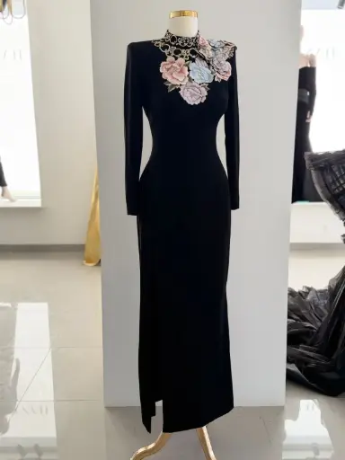 [DR10005] long black & flowers